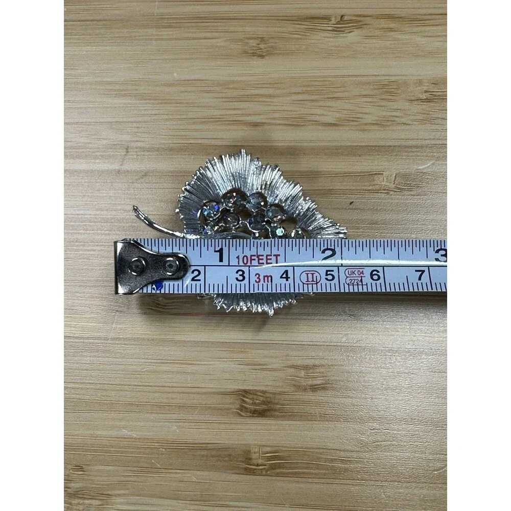 Vintage Aurora Borealis Crystal and Rhinestone Silver Tone Leaf Brooch Lapel Pin